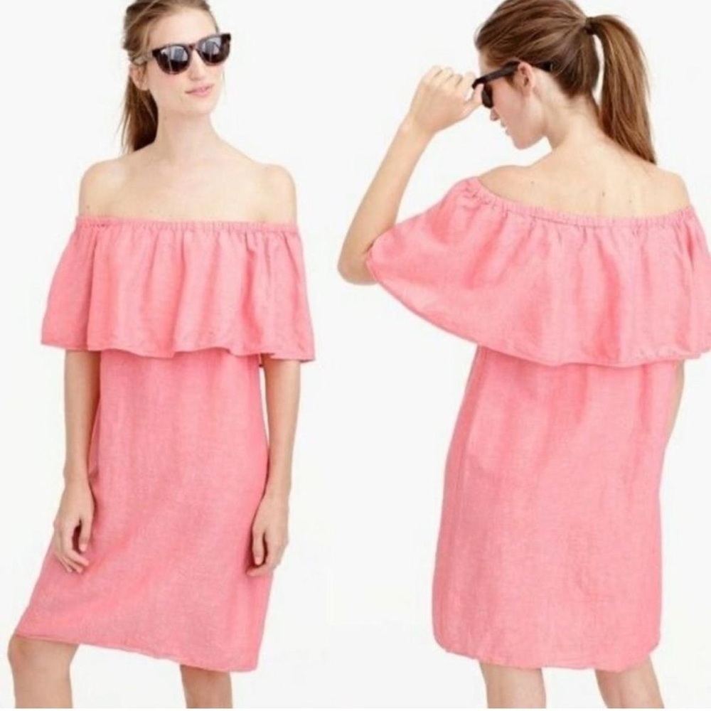 J. Crew Pink Cabana Linen Blend Ruffle Off-Shoulder Dress Size Medium